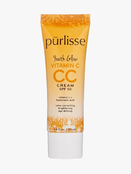 Pūrlisse Youth Glow Vitamin C CC Cream SPF 50 in branded component on a light gray background
